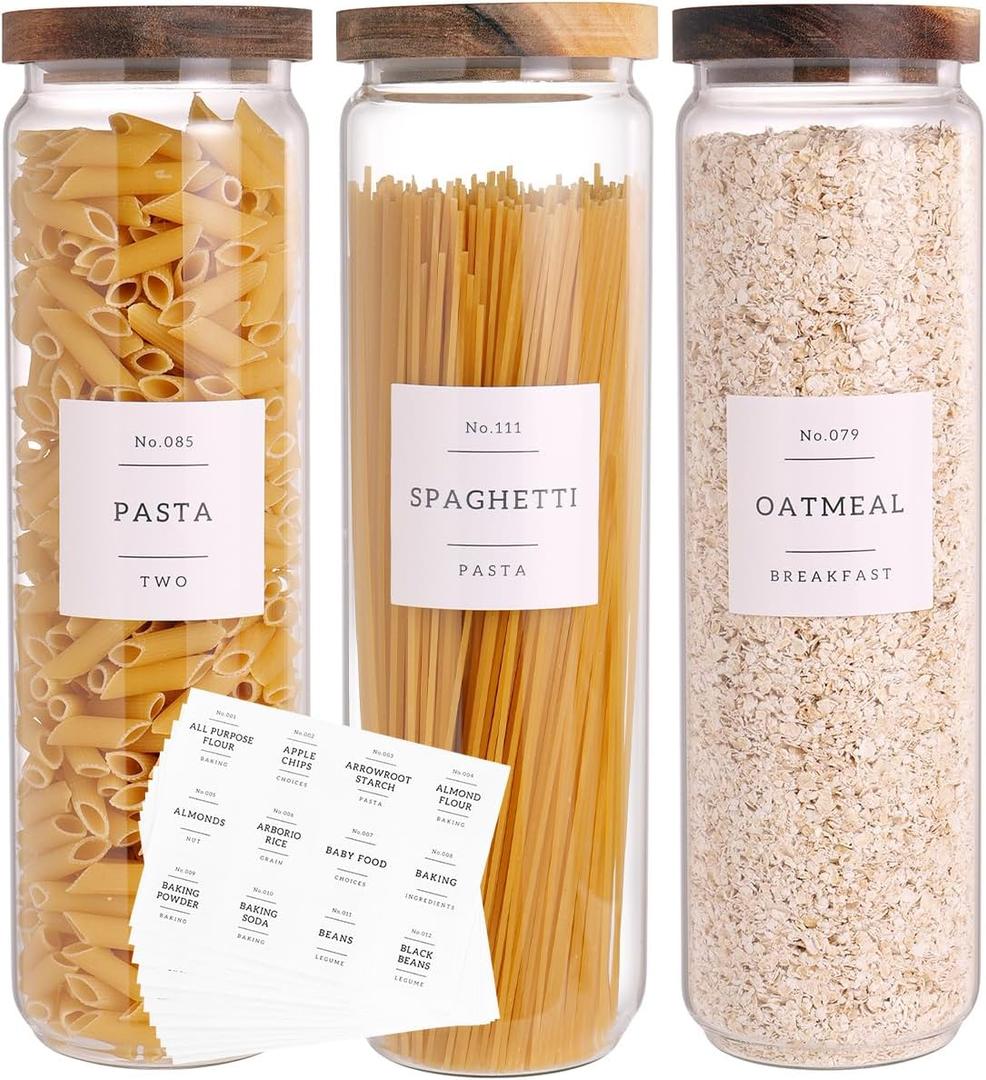 CZZGSM 3 Set Glass Pantry Storage Jars with Acacia Airtight Lid - 50oz Thicken Glass Kitchen Canisters with 132 Pantry Labels - Tall Food Storage Containers with Wood Lid for Pasta,Spaghetti,Cereal