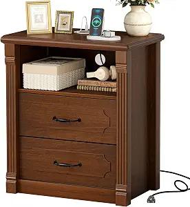 YOSHOOT Farmhouse Tall Nightstand with Charging Station, Wood Bed Side Table with 2 Drawers and Open Shelf, Rustic End Table with Roman Column Design for Bedroom Living Room, Walnut