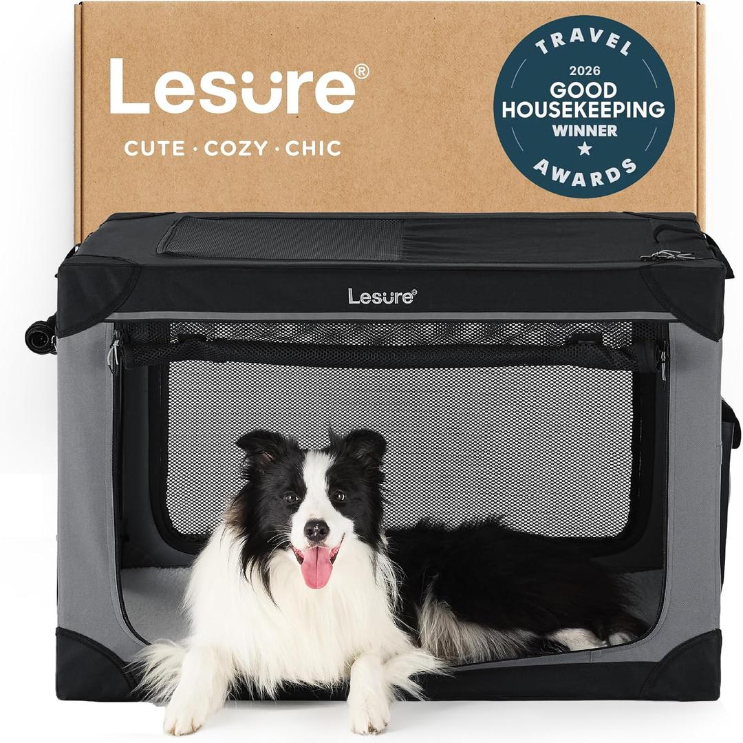 Lesure Shown on TODAY Show Soft Collapsible Dog Crate - 36 Inch Portable Travel Crate for Large Dogs Indoor & Outdoor, 4-Door Foldable Pet Kennel with Mesh Windows, Black