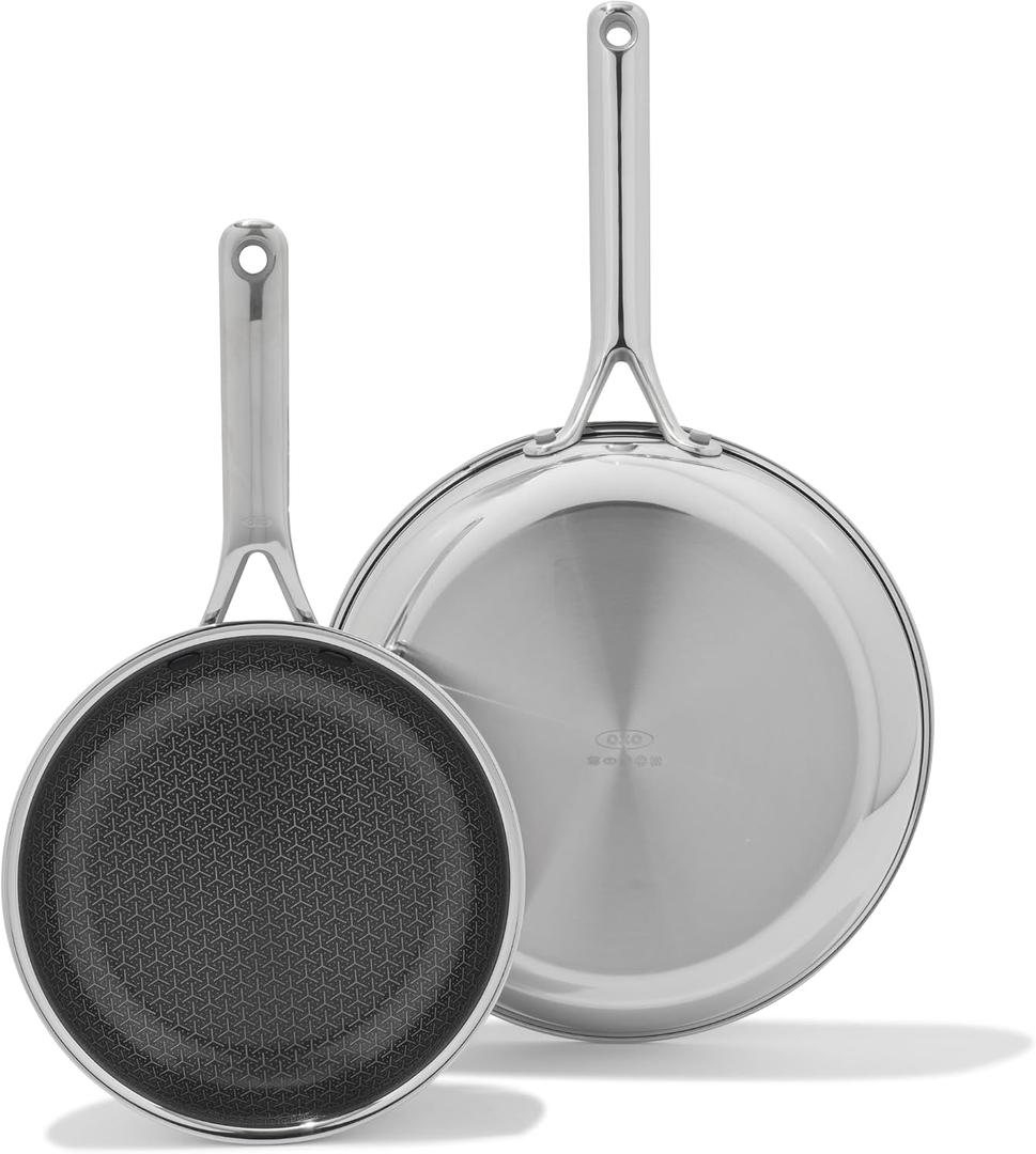 OXO Hybrid 8” and 10” Frying Pan Skillet Set, Durable PFAS-Free Ceramic, Fusion Boost Tech for Powerful Searing, Induction & All Cooktop Compatible, Dishwasher Safe, Mirror Polished Tri-Ply