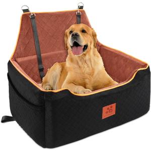 XIEEAOZEE Dog Car Seat for Large/Medium Dog, Booster Seat for Dogs Under 55Lbs or 2 Small, Detachable and Washable Travel Pet Seat with Thick Cushion and Storage Pockets (Black/Brown)