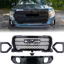 Grille Set 5pcs Compatible with 2019-2022 GMC Sierra 1500 Denali AT4 Front Upper Grill Lower Grille Trim Plate Fog Light Bezels Camera bracket Black Kit 84508282 84176747