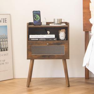 AWASEN Mid Century Night Stand with Charging Station, Wood Bedside Table with Glass Drawer, Small Modern Nightstand End Side Table with 2 Tiers Storage for Bedroom, Office(Rustic Brown) AWASEN Mid Century Night Stand with Charging Station, Wood Bedside Table with Glass Drawer, Small Modern Nightstand End Side Table with 2 Tiers Storage for Bedroom, Office(Rustic Brown)