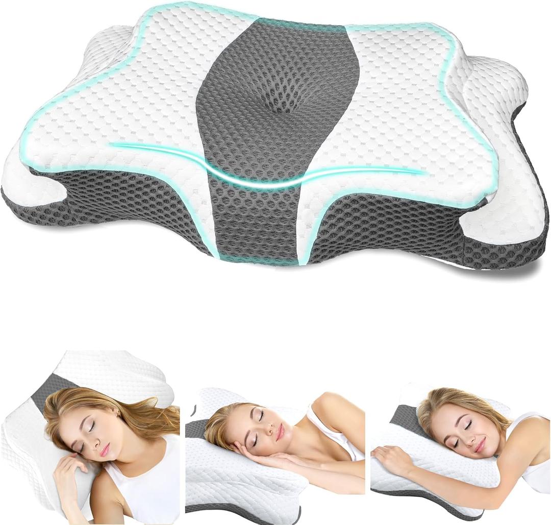CHxxy Memory Foam Pillows, Cervical Pillow for Neck and Shoulder Pain Relief, Ergonomic Contour Bed Pillow, Soft for Side Sleep Stomach Sleeping and Back Sleeper-Queen Size & Grey