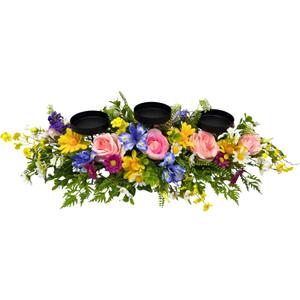 Spring Summer Centerpiece with 3 Candle Holders, 24 Inch Colorful Artificial Wildflower Arrangement with Roses, Daisies, and Irises, Ideal for Farmhouse and Country Style Table Decorations