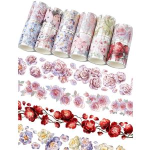 Floral Washi Tape Set - 12 PET & Washi Tapes for Journaling Stickers, Scrapbooking Supplies, Planner, Bullet Journals,Arts & Crafts. Use as Stickers (Flowers)