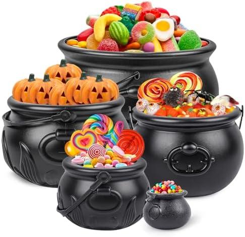 REVICOAR 5 Pcs (12.8",9.8”, 7.6”, 5.7”, 2.7”) Large Halloween Cauldron, Black Plastic Witch Cauldron Bowl, Cauldrons Pot Candy Bucket for Halloween & St. Patrick’s Day Party Favors Decor