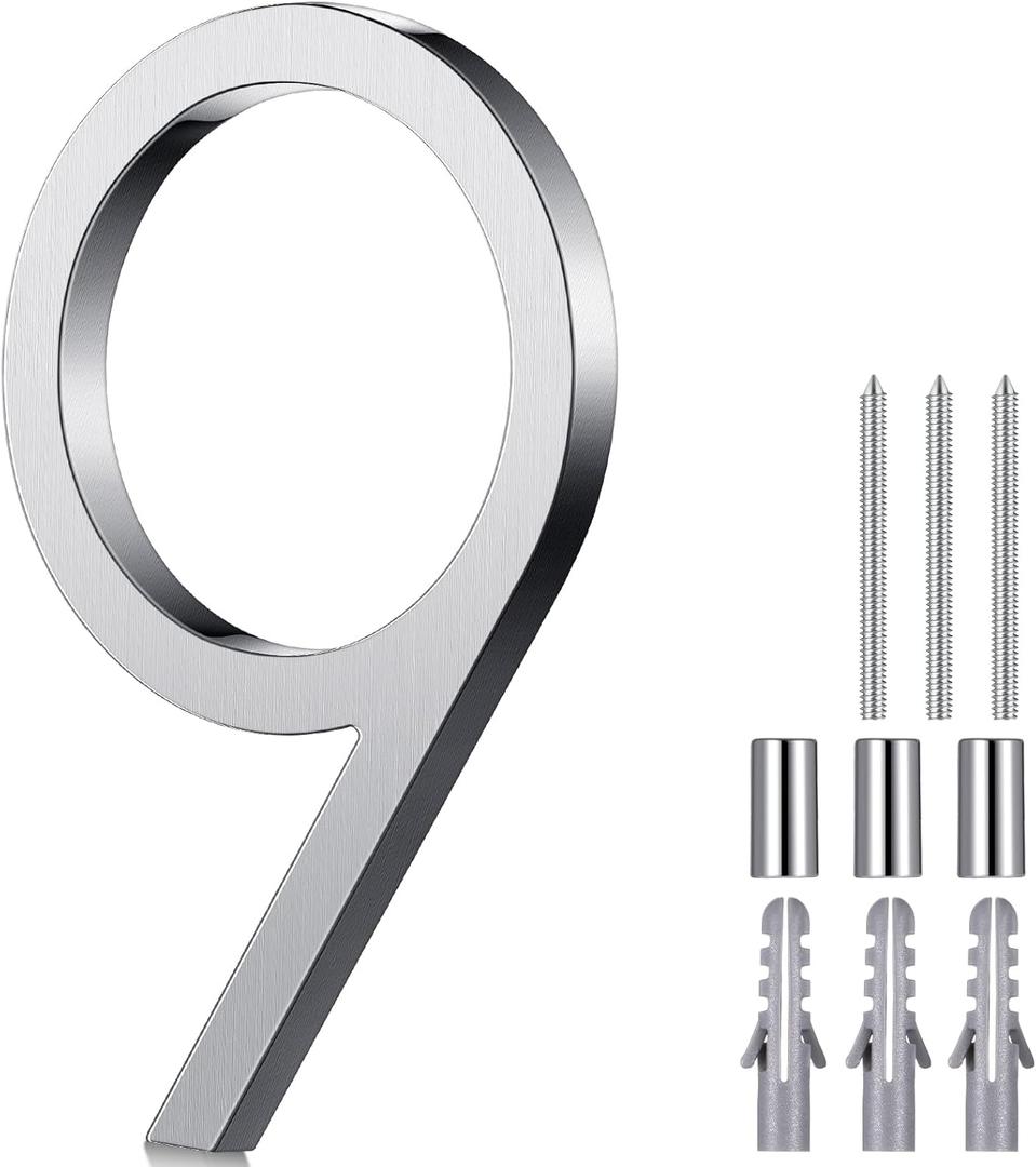 Blulu 8 Inch Stainless Steel Floating Large House Number 0-9 for Outside Modern Floating Address with Nail Kit and Instructions High Gloss Silver Address(Number 9)