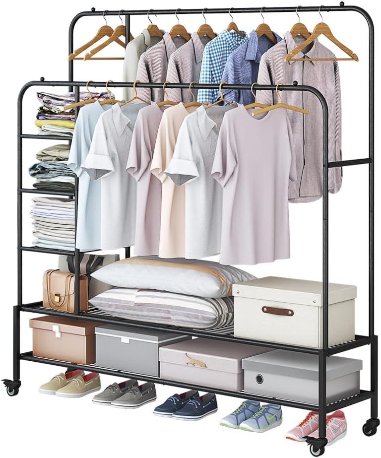 SUOERNUO Garment Rack for Hanging Clothes Rack Heavy Duty Portable with Bottom Metal Shelf Drying Coats Shirt,Black (Black+Double Rods+Shelf)