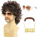Bettecos 70s Disco Wigs for Men - Brown Curly 80s Mullet Wig for Halloween Costume Party Male Afro Funny Wigs with Glasses Necklace and Mustache (Brown)