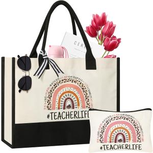 Tecanne Teacher Gifts for Women, Canvas Tote Bag with Makeup Bag, Beach Bag with Zippe