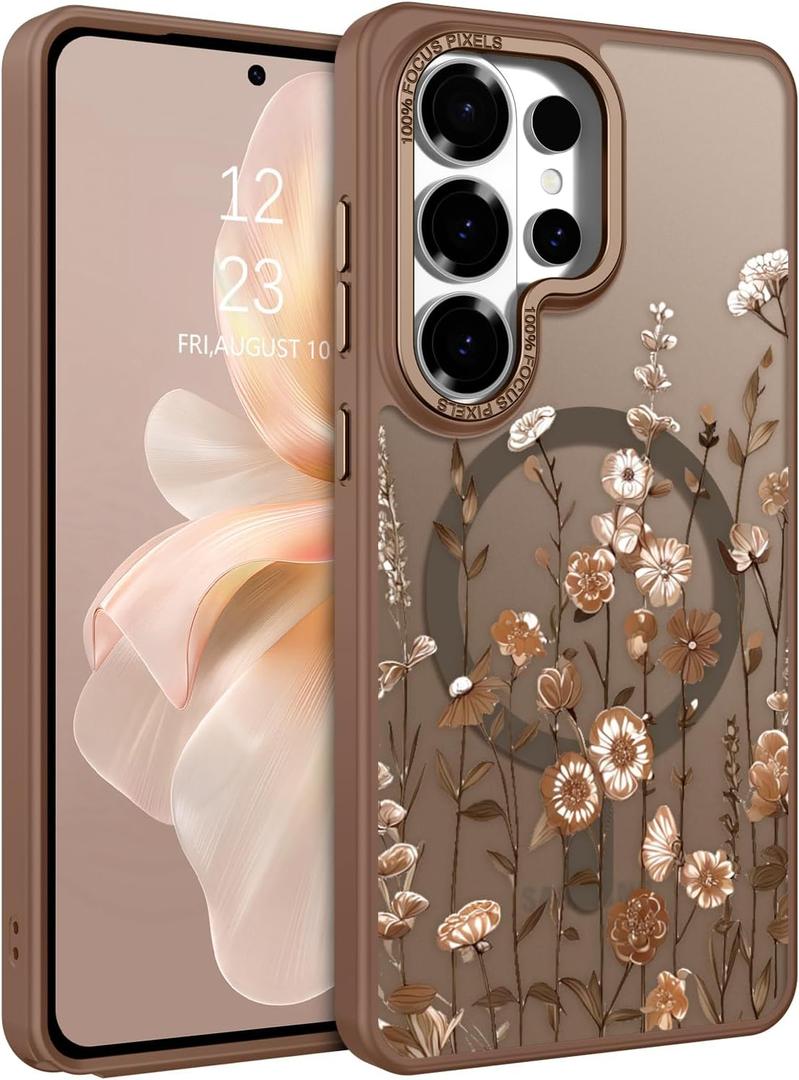 DOMAVER for Samsung Galaxy S26 Ultra Case, Magnetic Phone Case for Samsung S26 Ultra [Compatible with MagSafe] Slim Fit Flowers Floral Design Shockproof Protective Bumper Women Girls Cover- Brown