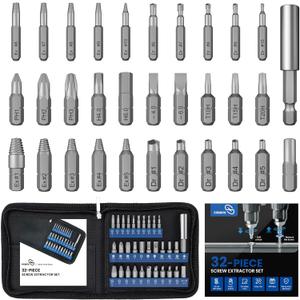 STREBITO Damaged Screw Extractor Set, 32PCS Stripped Screw Extractor with Magnetic Extension Shaft & Socket Adapter, Stripped Screws Nuts & Bolts Drill Bit Tools for Easy Removal of Rusty Broken Screw