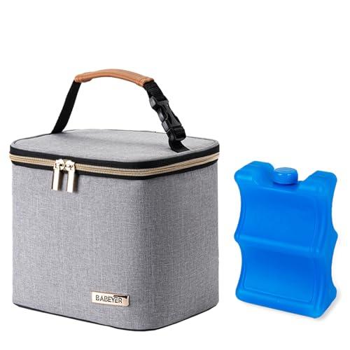 BABEYER Breast Milk Cooler Bag with Ice Pack Fits 4 Large Baby Bottles Up to 5 Ounce, Baby Bottle Cooler Bag Great for Nursing Mom Daycare, Grey