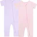 GUISBY Footless Short Sleeve Baby Pajamas with Zipper Cotton Infant Sleepwear (12-18 Months, Light Pink+purple)