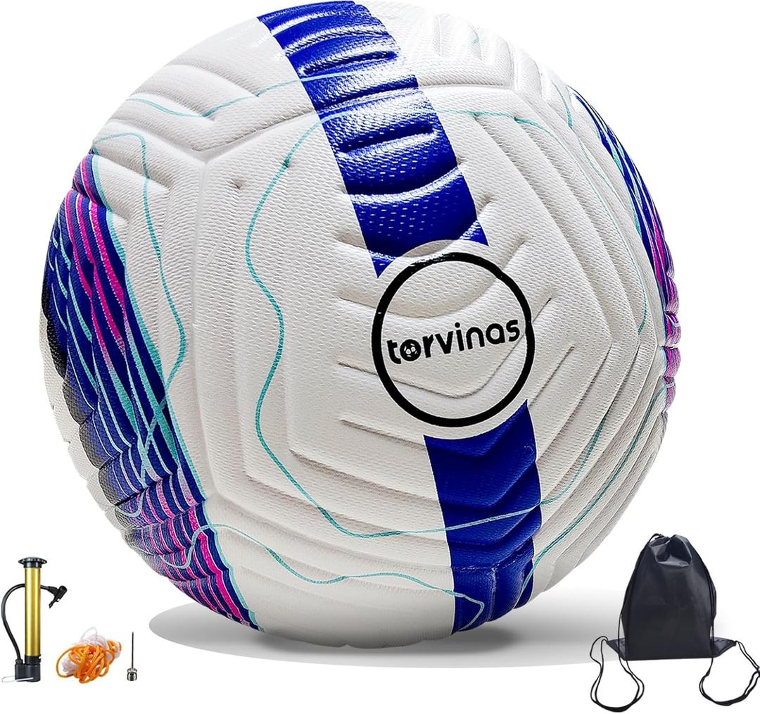 Soccer Ball Size 5 with Pump, Waterproof PU Leather - Professional Training & Official Match Ball, Includes Inflation Needle & Net Storage Bag for Outdoor & Indoor Games (Blue and white)