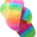 LightFun Girl's Fuzzy Fluffy Furry Slippers Fur Flip Flop Open Toe kids Slippers Cross Band Shoes Slides for Girls House Home Indoor Outdoor (4-5 Big Kid, Rainbow)