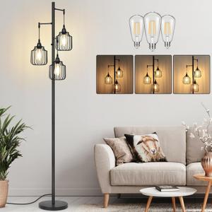 Dimmable Floor Lamp with 3 x 800LM LED Edison Bulbs,Tall Standing Lamp for Living Room,Farmhouse Black Corner Floor Lamp,Bright Industrial Rustic Vintage Tree Pole Light with Cage for Bedroom Office