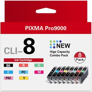 CLI-8 8 Color Multi Pack Ink Tank (8-Pack,1BK 1C 1M 1Y 1PC 1PM 1R 1G) Vowdic Compatible Replacement for Canon CLI-8 Ink Cartridges with Pixma Pro9000 and Pro9000 Mark II Printer