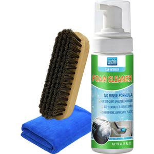 Car Interior Foam Cleaner – All-in-One Auto Detailing Kit with Soft Brush & Microfiber Towel – Safe for Leather, Vinyl, Fabric, Plastic Trim – No-Rinse Upholstery & Carpet Cleaner 150ml（5oz）