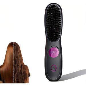Brush Pro Cordless Hair Straightener Brush, Portable Mini Hair Straightening Brush with 3 Temperature Settings & LED Display, USB Rechargeable Fast Heating Hairs Brush for Travel