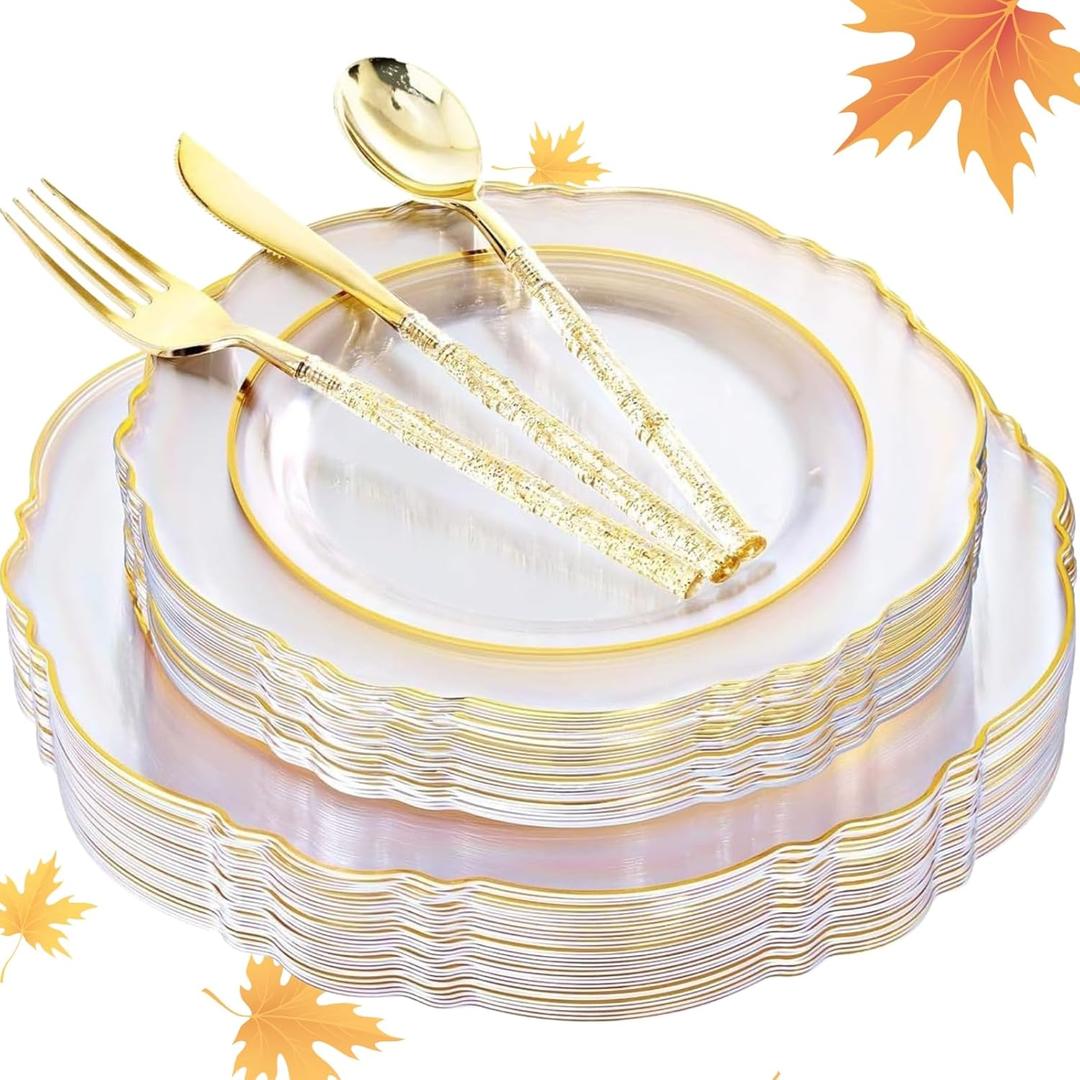 Liacere 150PCS Clear Gold Plastic Plates - Disposable Plastic Silverware with Glitter Bamboo Handle Cutlery-Baroque Clear Gold Disposable Plates for Wedding & Party & Thanksgiving &Fall Decor (Floral)