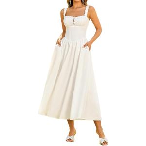 KUTUMAI Women Summer Corset Midi Dress Floral Lace Smocked Flowy A Line Wedding Guest Bridal Shower Dresses with Pockets, M