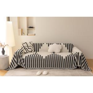 SmoBe Sofa Covers Washable, Chenille Sofa Covers for 3 Cushion Couch, Reversible Non Slip Futon Cover L Shape Sofa Cover, Pet Couch Cover with Tassel, Sofa Slipcovers 71" X 134" - Black