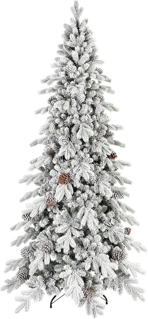 6.5 FT Snow Flocked Slim Fir Christmas Tree with 1085 PE & PVC Mixed Branch Tips,Unlit Artificial Skinny Pencil Xmas Tree with 37 Pine Cones,Hinged Premium Xmas Trees for Home,Office,Party Decoration