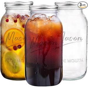 64 oz Mason Jar Wide Mouth,3 Pack Large Half Gallon Mason Jars with Airtight Lid,Big Glass Jars for Canning,Pickling,Fermenting,Storing