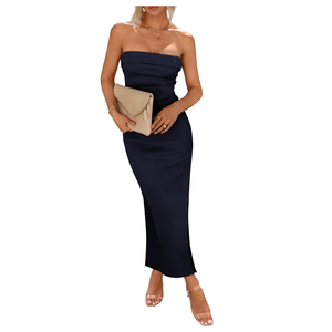 PRETTYGARDEN Women's Summer Bodycon Maxi Tube Dress Ribbed Strapless Side Slit Long Going Out Casual Elegant Party Dresses M, Nav