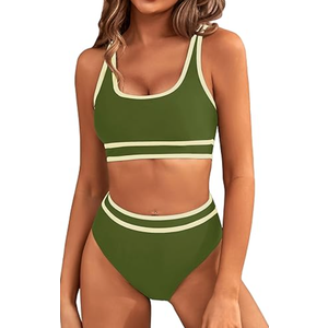 BMJL Women's High Waisted Bikini Sets Sporty Two Piece Swimsuits Color Block Cheeky High Cut Bathing Suits (Army Green011)