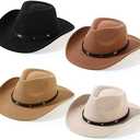Mumufy 5 Pcs Classic Western Cowboy Hat Men Felt Wide Brim Cowgirl Hats Women Belt Buckle Cap for Adults