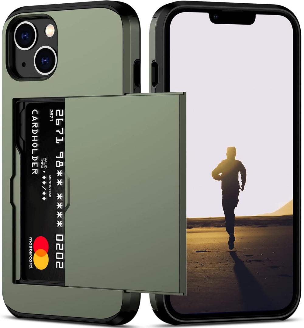 Nvollnoe for iPhone 13 Case with Card Holder Heavy Duty Protective Dual Layer Shockproof Hidden Card Slot Slim Wallet Case for iPhone 13 for Women&Men(Green)