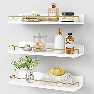 Forbena Gold Floating Shelves for Wall Decor Set of 3, Bathroom Shelves Over Toilet, Modern Display Wall Shelf with Guard Rail for Living Room Bedroom Organizers and Storage  White and Gold