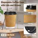 SIUQ 90 Pack - 8 oz Disposable Coffee Cups with Lids and Straws,To go Coffee Cups,Insulated Corrugated Paper Cups,Kraft Ripple Wall Cups for Hot Beverage or Cold Drinks -Champagne