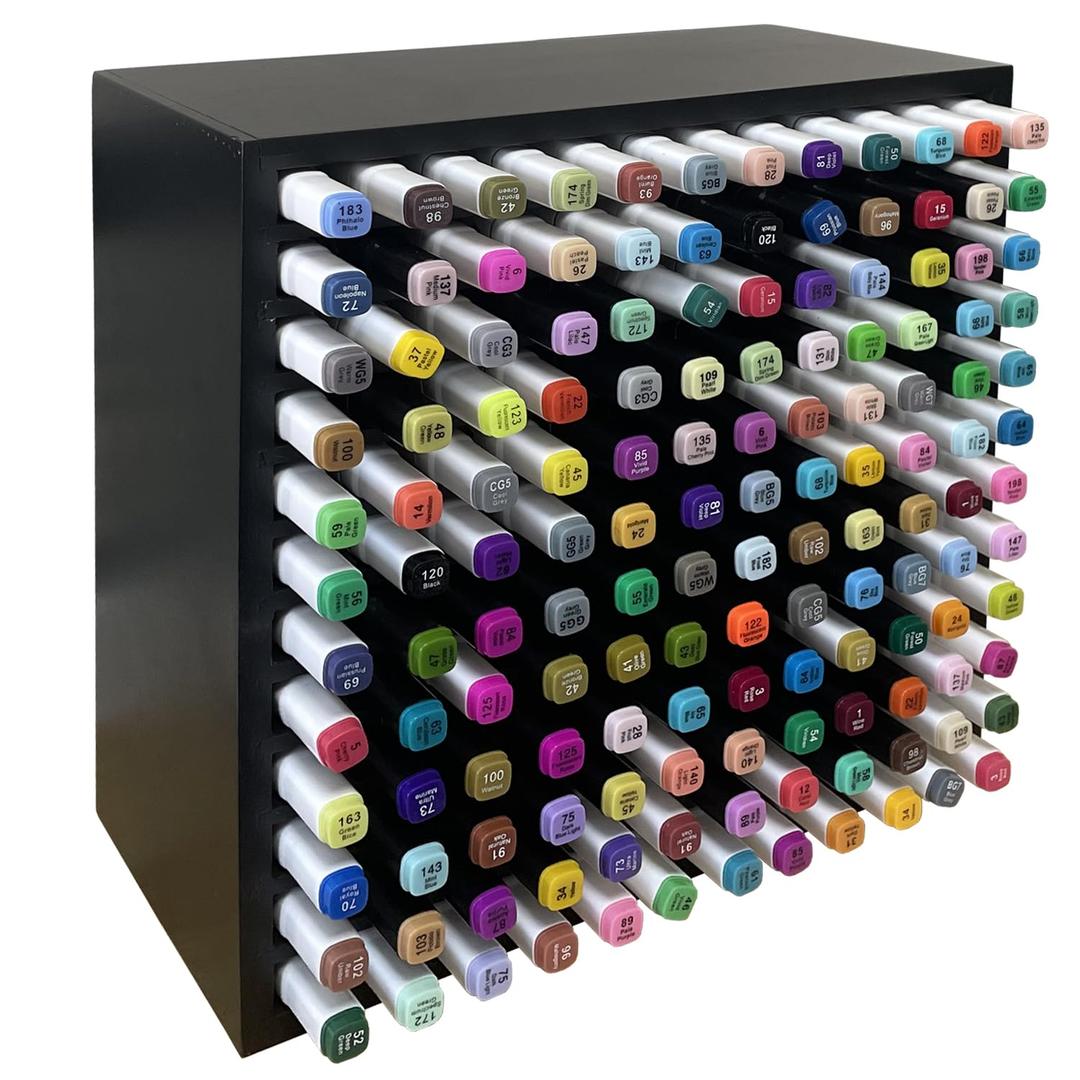 MinBoo Bamboo Marker Organizer Wooden Art Supply Storage Organizer Rack Art Markers Pens Colored Pencils Paint Brushes Stationary Organizer Holder (Black, Rack for 144 Markers)