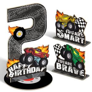 3Pcs Monster Truck 2nd Birthday Number Sign Centerpiece - Double-sided Monster Truck Table Decorations for Boys Kids 2nd Birthday Party Supplies Set