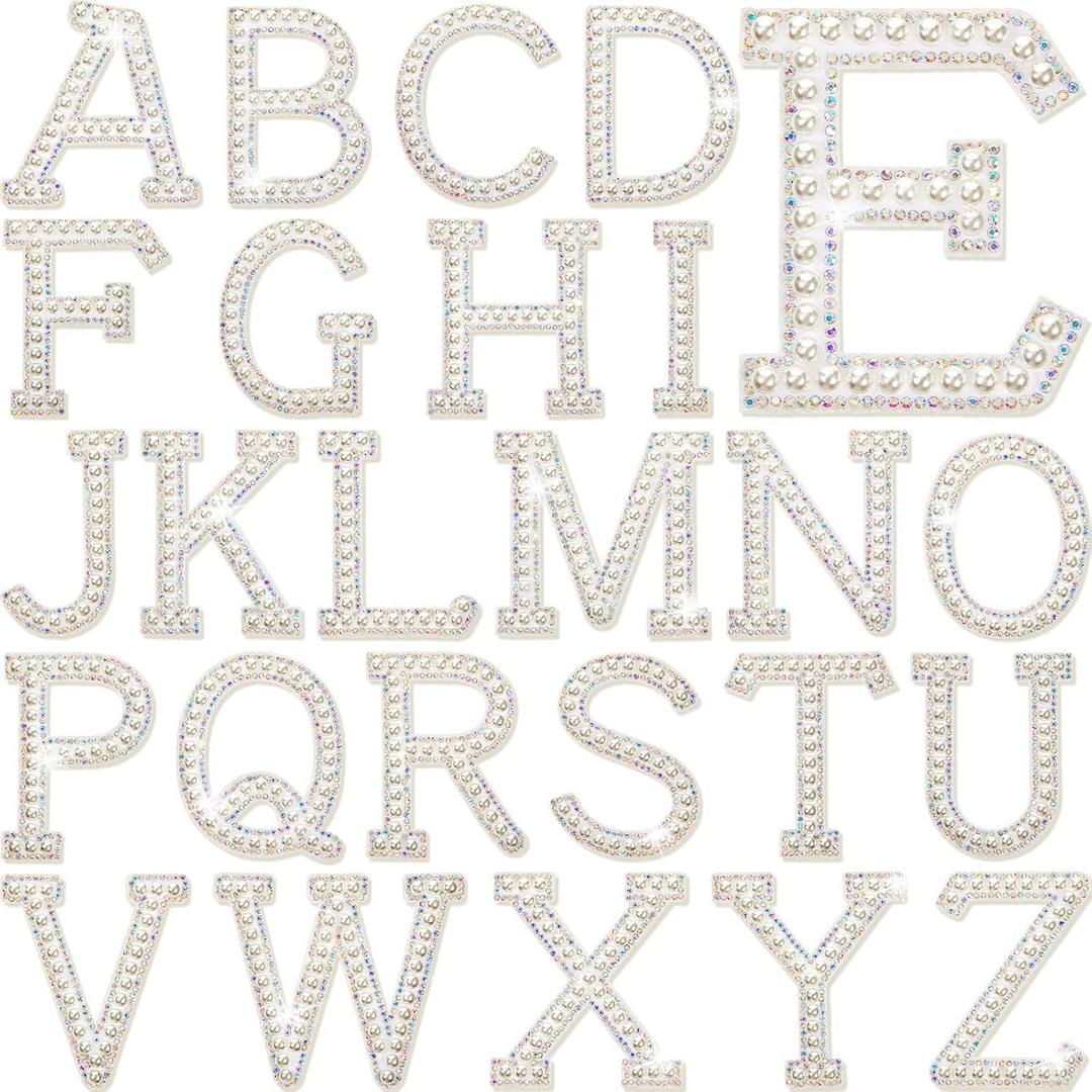 Chuangdi 26 Pcs Pearl Rhinestone Letter Patches Iron on a to Z White Rhinestone Pearl Bling Patch Glitter Sew on Alphabet Applique Bling English Letter for Clothes Fabric DIY(3 Inch,White)