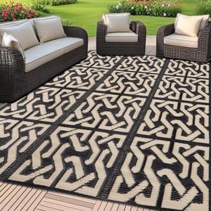 SAND MINE Reversible Mats, Plastic Straw Rug, Modern Area Rug, Large Floor Mat and Rug for Outdoors, RV, Patio, Backyard, Deck, Picnic, Beach, Trailer, Camping (4' x 6', Black & Beige)