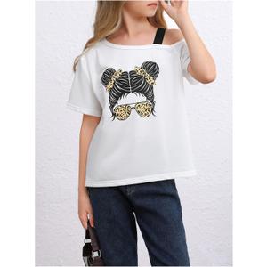 SHENHE Girl's Summer Graphic Tee Cut Out Shoulder Short Sleeve Asymmetrical Tshirt Top,12 Years old