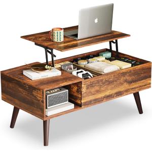 WLIVE Coffee Table for Living Room, Lift Top Coffee Table with Storage, Small Rising Wooden Dining Center Table with Storage Shelf & Hidden Compartment, 39" Rustic Brown