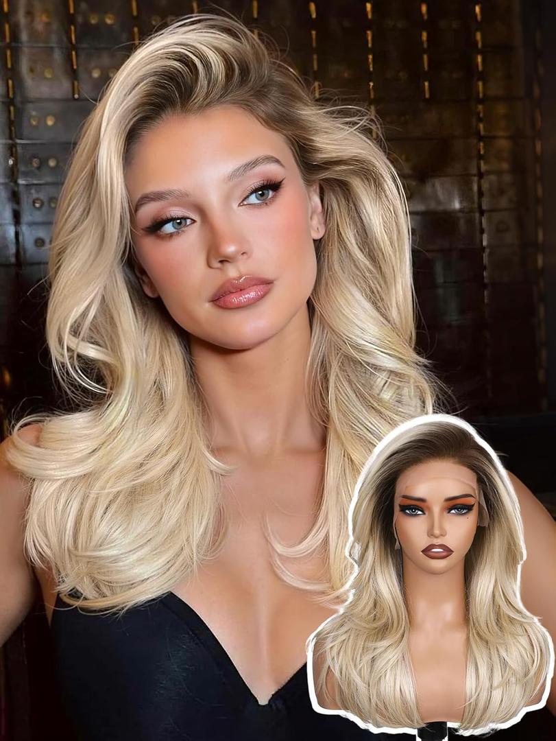 FAVE 13x6 Synthetic Lace Front Wig 18 Inch Blonde Layered Glueless Wig Pre Plucked Hairline Natural Density Kanekalon Futura Synthetic Wigs for Women Ombre Ash Blonde
