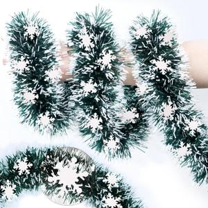 50FT Green White Christmas Tinsel Garland with Snowflake Ornaments Metallic Xmas Garland for Christmas Tree Decorations Hanging Holiday Decor for Home Party Office Mantel Staircase Indoor Outdoor