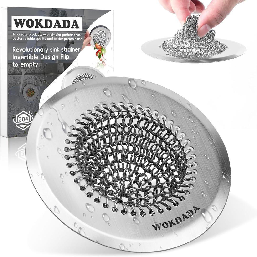 Revolutionary Kitchen Sink Drain Strainer/Patented Reversible Chain Mesh, Effortless Cleaning & Debris Catcher, Large Capacity, No Clog, 304 Stainless Steel & Rust-Proof/Handmade (Silver)