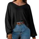 IWOLLENCE Womens Long Sleeve Shirts Oversized V Neck Tunic Tops for Women Waffle Knitted Pullover Sweater Top Black Large (Black, L)