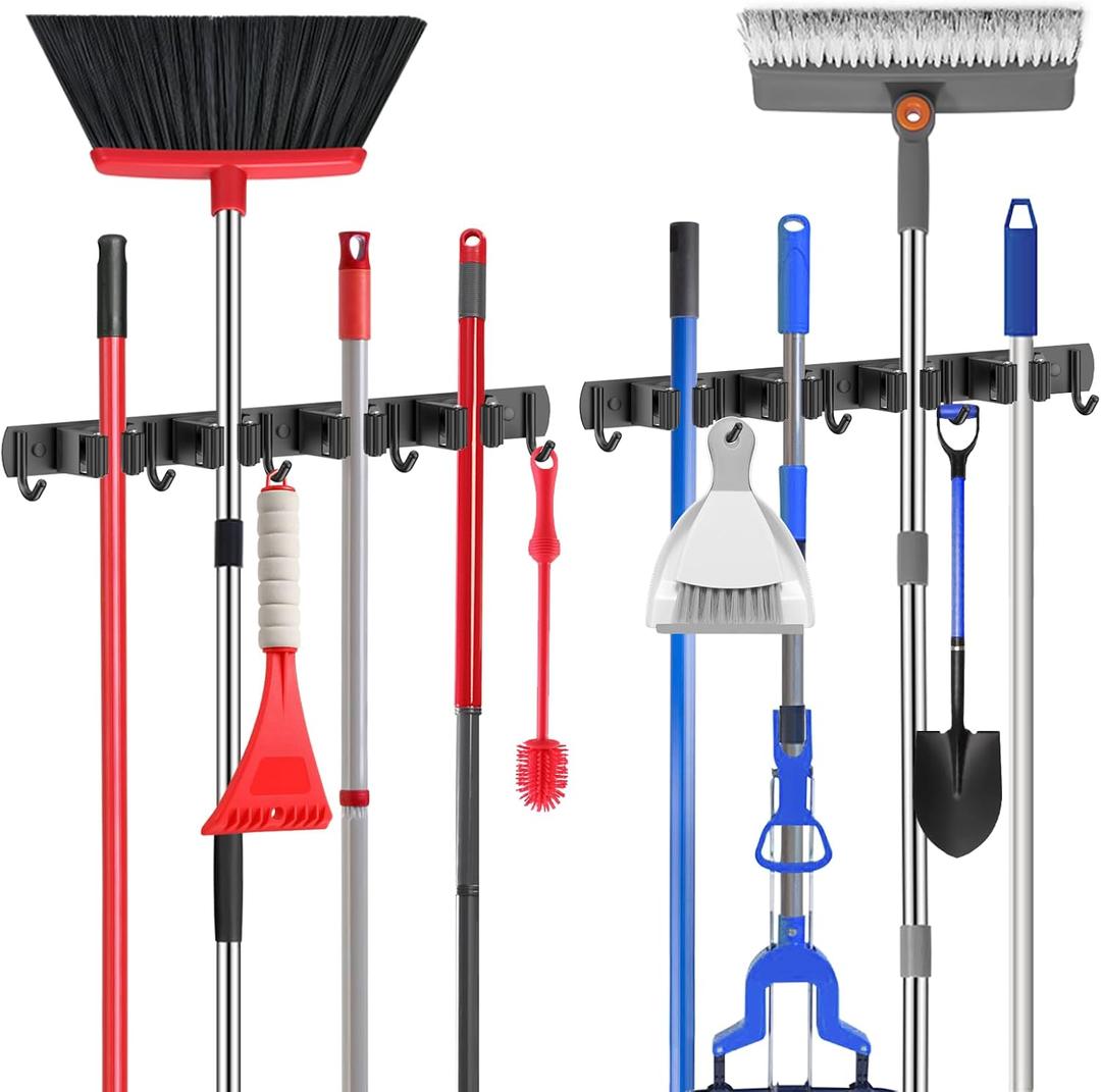 nacena Broom holder Wall Mount, 2-Pack Black Stainless Steel Self-Adhesive Mop and Broom Hooks Heavy Duty Broom and Mop Storage Rack laundry room organization for Kitchen Garden garage
