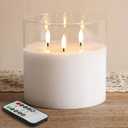 Eywamage 3 Wick Clear Glass Flameless Candle with Remote, Large Flickering LED Battery Pillar Candle  6" H 6"