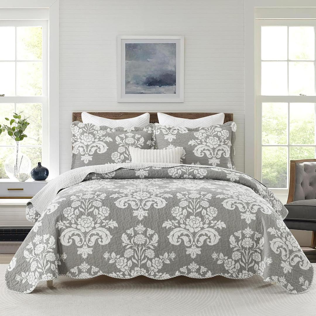 Gray Floral King Quilt Set,100% Cotton Farmhouse Quilt,Grey Floral Printed Reversible Bedspread, 3 Pieces Lightweight Quilt Bedding Set for All Seasons