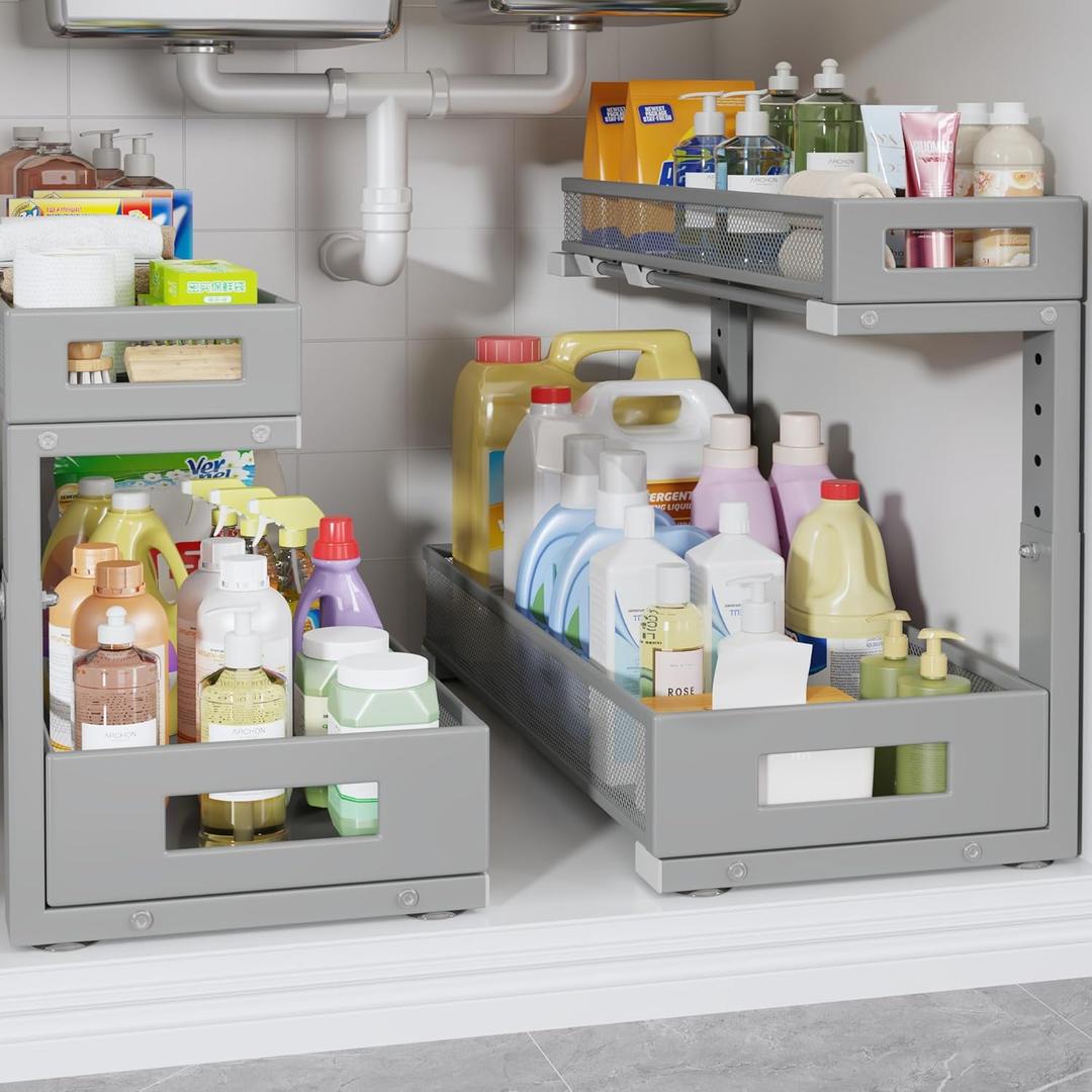 2 Pack 19IN Depth Under Sink Storage Organizer, Large 2-Tier Elegant Mesh Pull Out Shelf for Kitchen and Bathroom Cabinet Organization, L-Shaped and Adjustable Height Design-Gun Gray